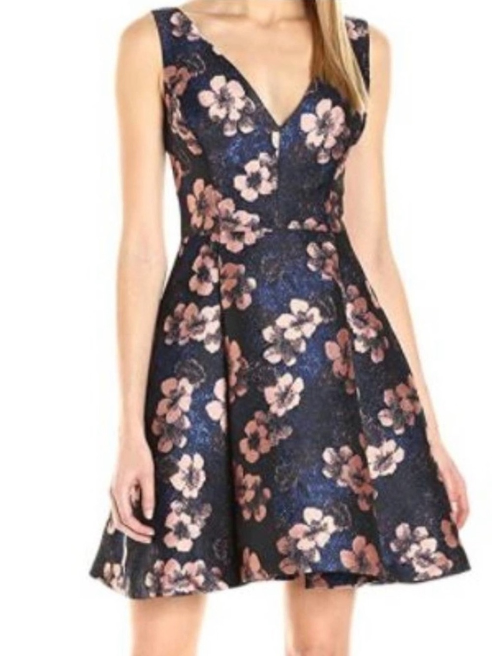 Betsey Johnson Metallic Navy Blush Floral Fit & Flare Dress Sz 10 Feminine Chic